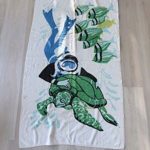 Vintage Royal Terry Scuba Diver Sea Turtle Beach Towel Cotton Made in USA White
